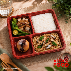 Aglio Olio Basil Pasta with Spanish Sardines, Binagoongang Lechon Kawali with Okra, Plain Rice, Dessert Bento Meal