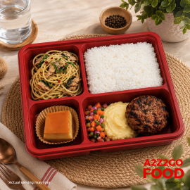 Aglio Olio Basil Pasta with Spanish Sardines, Chori Burger in Garlic Mashed Potato and Ensaladang Filipino, Plain Rice, Dessert Bento Meal