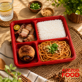 Asian Style Peanut Pasta, Cebu Style Litson Paksiw, Plain Rice, Dessert Bento Meal
