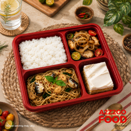 Aglio Olio Basil Pasta with Spanish Sardines, Bangus Bistek, Plain Rice, Dessert Bento Meal