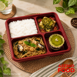 Aglio Olio Basil Pasta with Spanish Sardines, Baked Fish Pesto, Plain Rice, Dessert Bento Meal