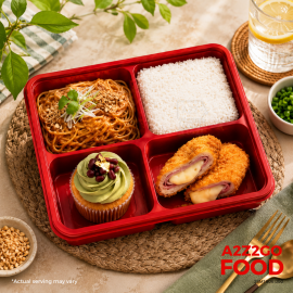 Asian Style Peanut Pasta, Chicken Cordon Bleu, Plain Rice, Dessert Bento Meal