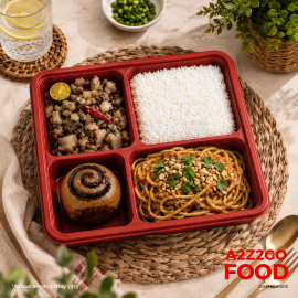 Asian Style Peanut Pasta, Pork Sisig, Plain Rice, Dessert Bento Meal