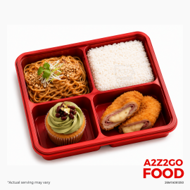 Asian Style Peanut Pasta, Chicken Cordon Bleu, Plain Rice, Dessert Bento Meal