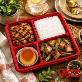 Steamed Rice, Indonesian Chicken Satay, Binagoongang Lechon Kawali with Okra, Dessert Bento Meal