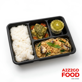 Aglio Olio Basil Pasta with Spanish Sardines, Baked Fish Pesto, Plain Rice, Dessert Bento Meal