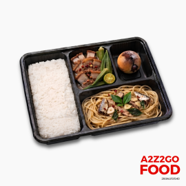 Aglio Olio Basil Pasta with Spanish Sardines, Binagoongang Lechon Kawali with Okra, Plain Rice, Dessert Bento Meal