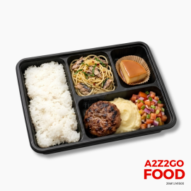 Aglio Olio Basil Pasta with Spanish Sardines, Chori Burger in Garlic Mashed Potato and Ensaladang Filipino, Plain Rice, Dessert Bento Meal