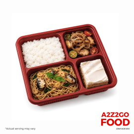Aglio Olio Basil Pasta with Spanish Sardines, Bangus Bistek, Plain Rice, Dessert Bento Meal