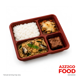 Aglio Olio Basil Pasta with Spanish Sardines, Baked Cheesy Japanese Curry Chicken, Plain Rice, Dessert Bento Meal