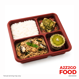 Aglio Olio Basil Pasta with Spanish Sardines, Baked Fish Pesto, Plain Rice, Dessert Bento Meal