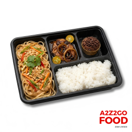 Asian Style Peanut Pasta, Bangus Bistek, Plain Rice, Dessert Bento Meal