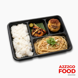 Asian Style Peanut Pasta, Bangus Inasal, Plain Rice, Dessert Bento Meal
