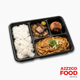 Asian Style Peanut Pasta, Cebu Style Litson Paksiw, Plain Rice, Dessert Bento Meal