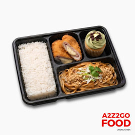 Asian Style Peanut Pasta, Chicken Cordon Bleu, Plain Rice, Dessert Bento Meal