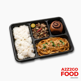 Asian Style Peanut Pasta, Pork Sisig, Plain Rice, Dessert Bento Meal