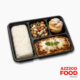 Baked Spaghetti, Bangus Tofu Sisig, Plain Rice, Dessert Bento Meal