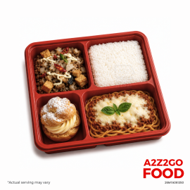 Baked Spaghetti, Bangus Tofu Sisig, Plain Rice, Dessert Bento Meal