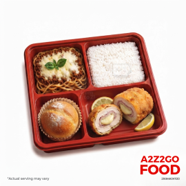 Baked Spaghetti, Chicken Cordon Bleu, Plain Rice, Dessert Bento Meal