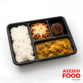 Baked Spaghetti, Chicken Curry, Plain Rice, Dessert Bento Meal