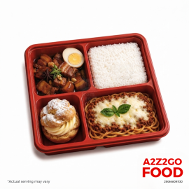 Baked Spaghetti, Chinese Adobo with Egg, Plain Rice, Dessert Bento Meal