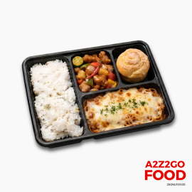 Baked Spaghetti, Sweet And Sour Pork, Plain Rice, Dessert Bento Meal