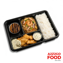 Chorizo Pasta, Beer Battered Fish in Tartare Sauce, Plain Rice, Dessert Bento Meal