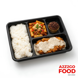 Chorizo Pasta, Chicken Fried Steak with Gravy, Plain Rice, Dessert Bento Meal