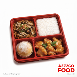 Efu Noodles with Three Kinds of Mushroom, Glazed Lemon Chicken, Plain Rice, Dessert Bento Meal