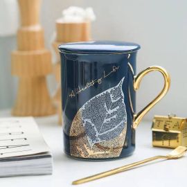 Golden Leaf Mug w Cover Mug Teaspoon & Gift Box