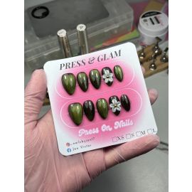 Handmade Press on Nails Cat Eye with Pearl Flower Accent