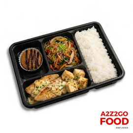 Korean Chap Chae, Fish Fillet with Tofu, Plain Rice, Dessert Bento Meal