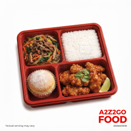 Korean Chap Chae, Honey Chipotle Chicken Crispers, Plain Rice, Dessert Bento Meal