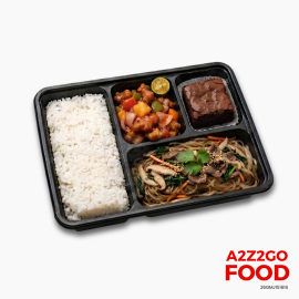 Korean Chap Chae, Sweet And Sour Pork, Plain Rice, Dessert Bento Meal