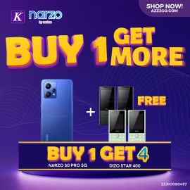 Buy 1 Narzo 50 Pro 5G, Get 4 units Dizo Star 400 for FREE!