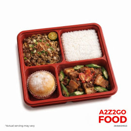 Pansit Sisig, Binagoongang Lechon Kawali with Okra, Plain Rice, Dessert Bento Meal