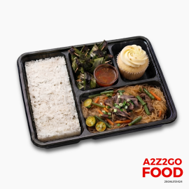 Pata Bihon, Thai Pandan Fried Chicken, Plain Rice, Dessert Bento Meal