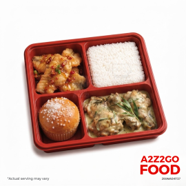 Steamed Rice, Fish Fillet Sweet and Chili Glaze, Herb Roast Chicken in Creamy Tarragon Sauce, Dessert Bento Meal