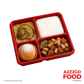 Steamed Rice, Herb Roast Chicken in Creamy Tarragon Sauce, Cebu Style Litson Paksiw, Dessert Bento Meal