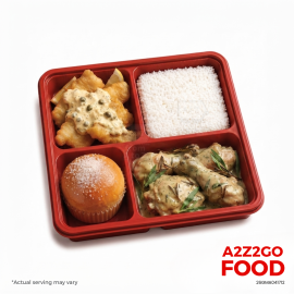 Steamed Rice, Beer Battered Fish in Tartare Sauce, Herb Roast Chicken in Creamy Tarragon Sauce, Dessert Bento Meal