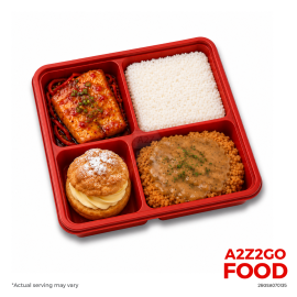 Steamed Rice, Sweet Chili Glazed Fish Fillet, Chicken Fried Steak with Gravy, Dessert Bento Meal