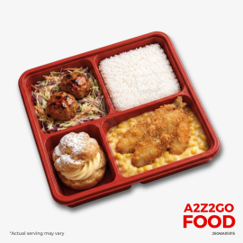 Steamed Rice, Fish Fillet with Cream Corn, Tsukune Yakitori with Cabbage Slaw, Dessert Bento Meal