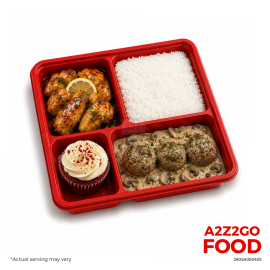 Steamed Rice, Glazed Lemon Chicken, Meatballs with Truffle Mushroom Sauce, Dessert Bento Meal