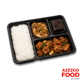 Steamed Rice, Bangus Bistek, Three Cups Chicken, Dessert Bento Meal