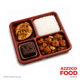Steamed Rice, Bangus Bistek, Three Cups Chicken, Dessert Bento Meal