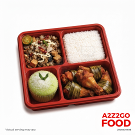 Steamed Rice, Bangus Tofu Sisig, Thai Pandan Fried Chicken, Dessert Bento Meal