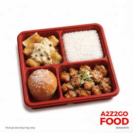 Steamed Rice, Beer Battered Fish in Tartare Sauce, Honey Sesame Chicken, Dessert