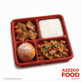 Steamed Rice, Chicken Fried Steak with Gravy, Cereal Pork, Dessert Bento Meal