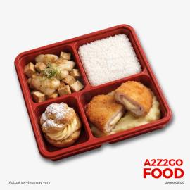 Steamed Rice, Fish Fillet with Tofu, Chicken Cordon Bleu, Dessert Bento Meal