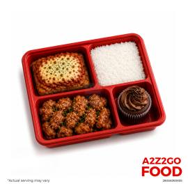 Steamed Rice, Fish Parmagiana, Honey Sesame Chicken, Dessert Bento Meal